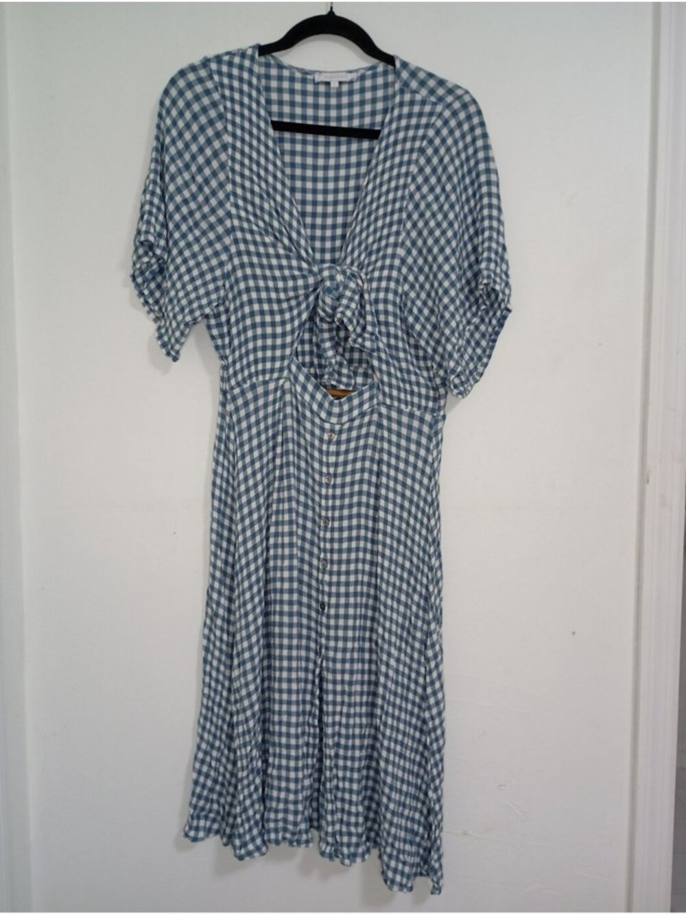 Olivaceous Midi Dress Blue White Gingham Tie-Front Size L With Button Details